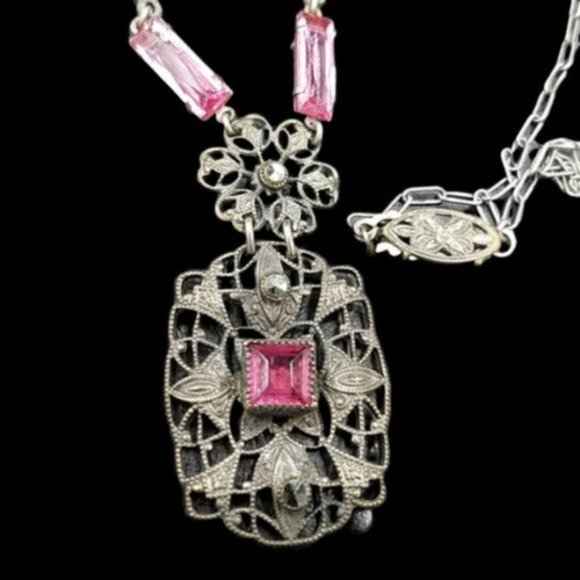 Art Deco Pink Glass Marcasite Filigree Necklace - Picture 2 of 5